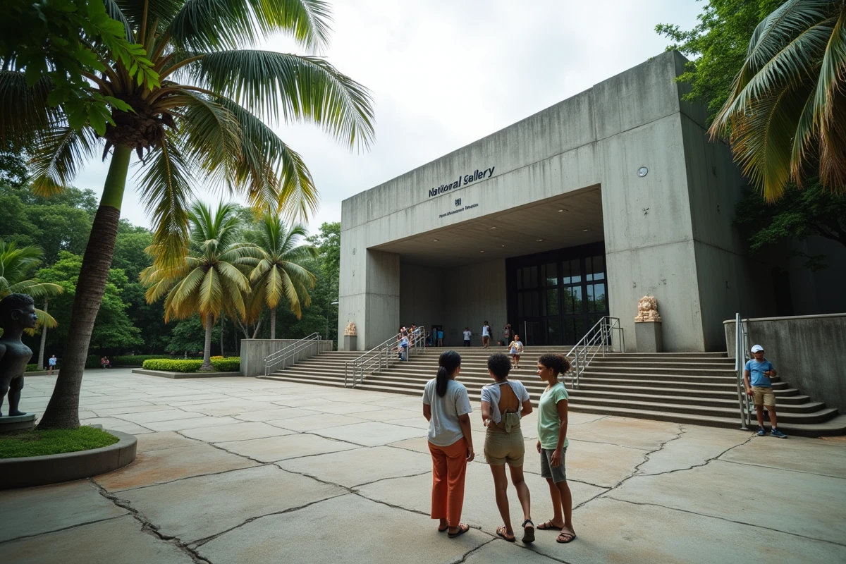 Visiteurs devant la Galerie nationale de Jama&iuml;que &agrave; Kingston, b&acirc;timent moderniste entour&eacute; d'arbres tropicaux