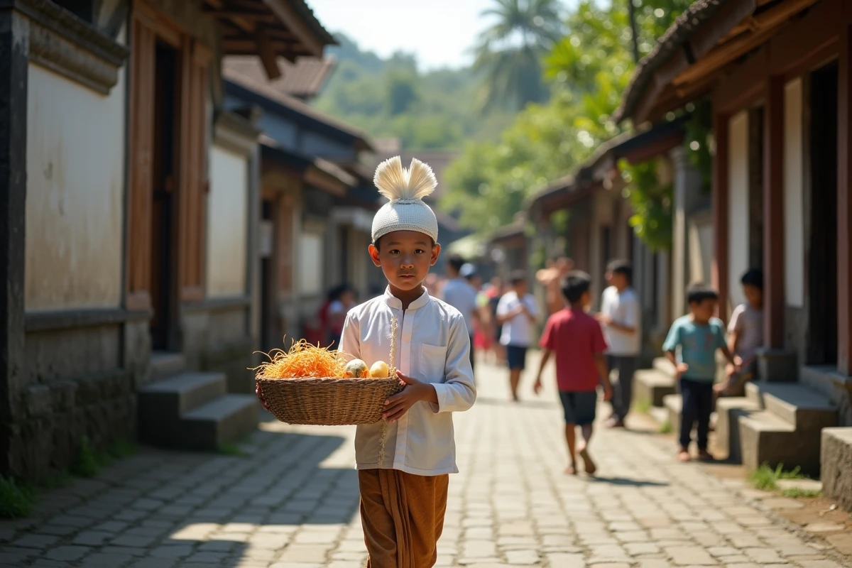Garçon balinais portant des offrandes dans une rue de village