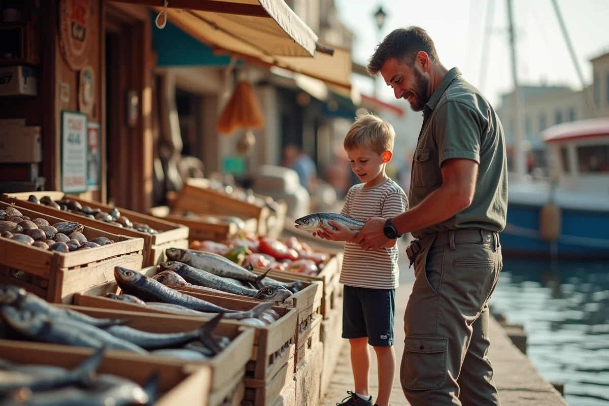 Garçon observant un poisson frais au marché de Marsaxlokk