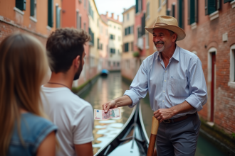 Gondolier venetien souriant recevant un euro d'un touriste