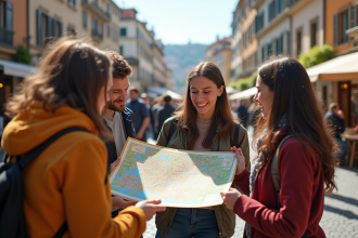 Groupe d'amis regardant une carte en ville dans une place animée