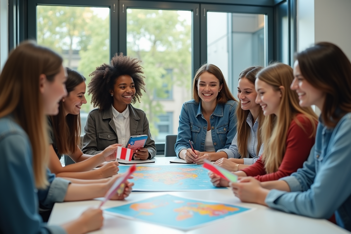 Jeunes adultes avec drapeaux et cartes de voyage