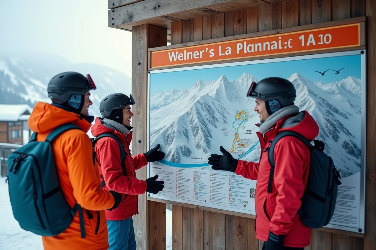 Groupe de skieurs consultant le plan des pistes du domaine Paradiski à La Plagne
