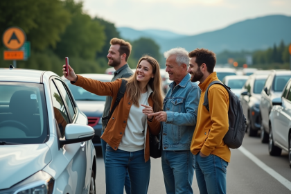 Groupe de quatre voyageurs devant une voiture sur l'aire de repos