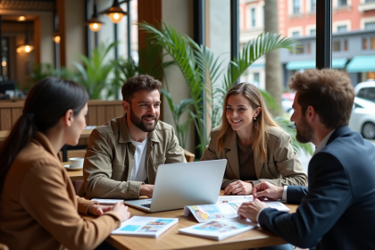 Groupe de quatre adultes discutant autour d'un ordinateur dans un café