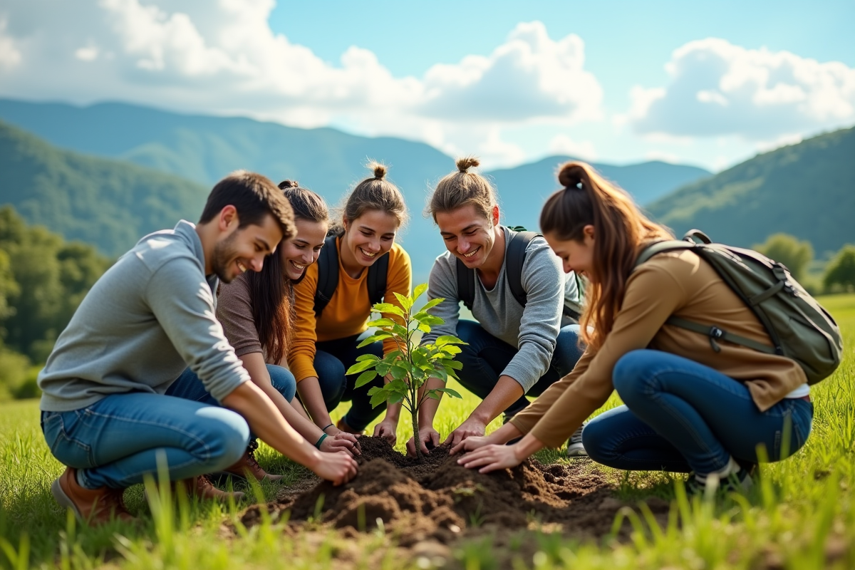 Groupe de voyageurs plantant des arbres dans un paysage verdoyant