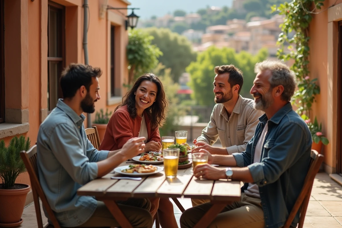 Groupe de voyageurs partageant un repas local dans une cour de maison d'hôtes, rencontres et convivialité lors d'un voyage Aguila OneStrip