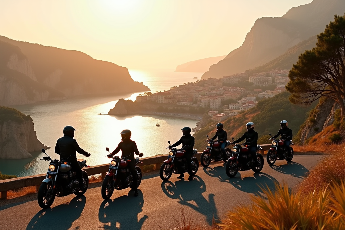 Groupe de motos au coucher de soleil sur la côte corse