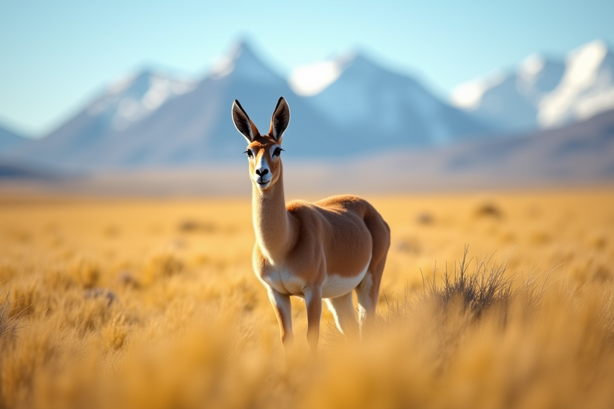 Guanaco curieux dans les prairies dorées de Patagonie