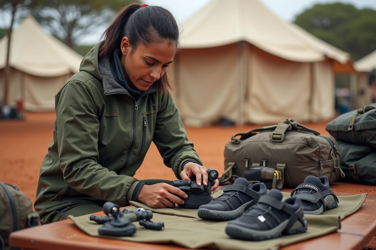 Guide expéditionnaire vérifiant le matériel de trekking loué dans un camp de départ près de Moshi avant l'ascension du Kilimandjaro