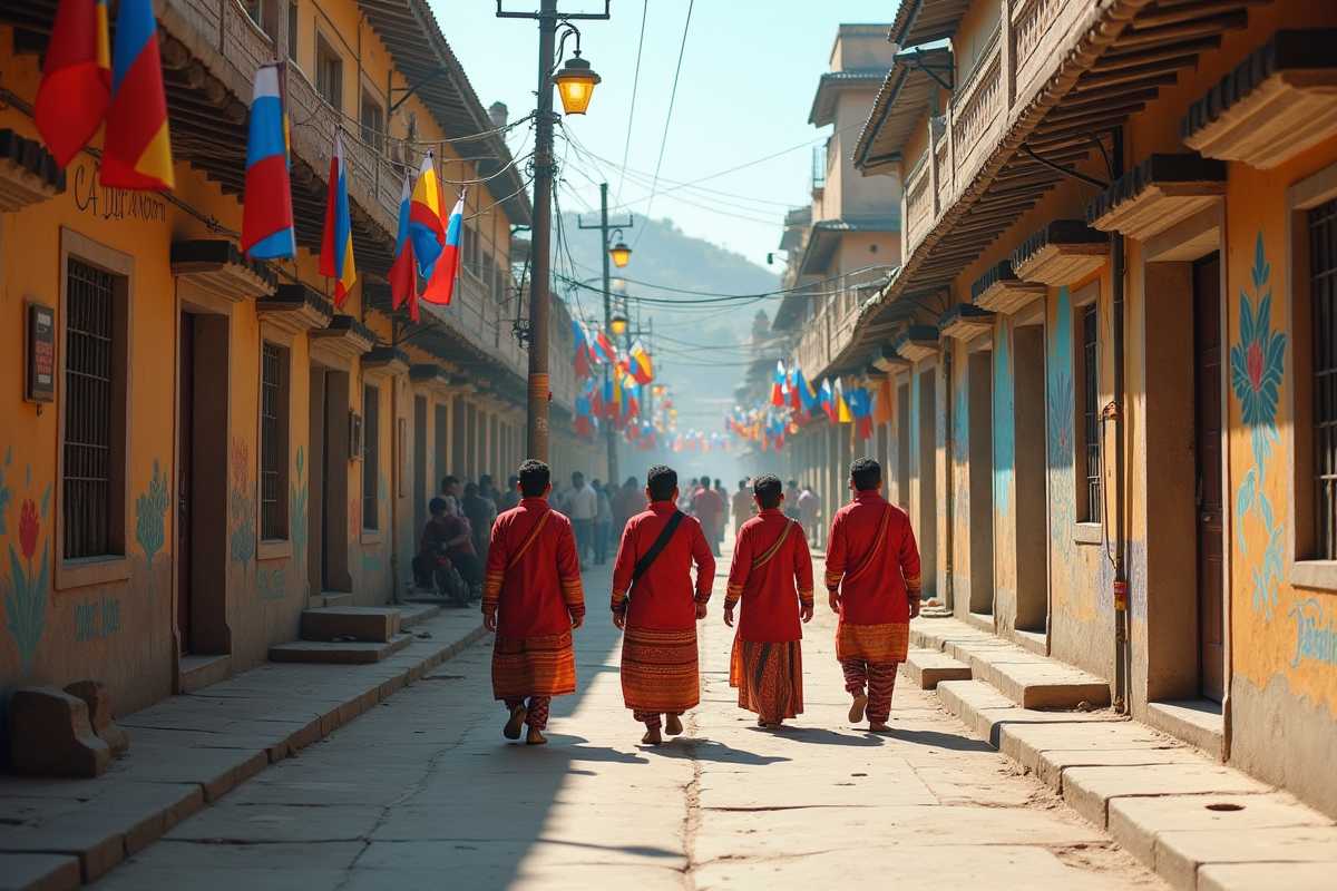 Groupe de personnes en vêtements traditionnels dans une rue colorée