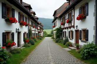 Rue pittoresque du hameau bavarois de Gummering avec maisons traditionnelles à colombages et jardinières de géraniums rouges
