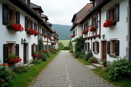 Rue pittoresque du hameau bavarois de Gummering avec maisons traditionnelles à colombages et jardinières de géraniums rouges