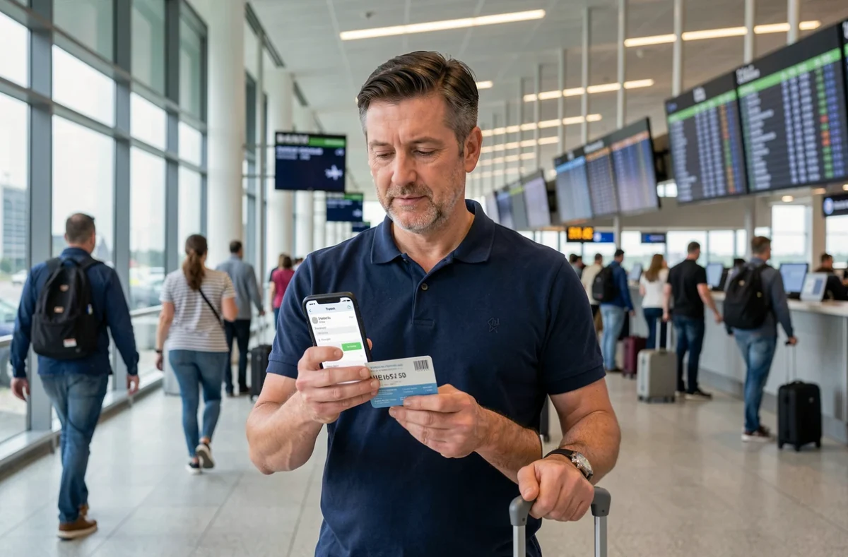 Homme à l'aéroport consultant l'application Leclerc Voyages pour trouver un vol au meilleur prix