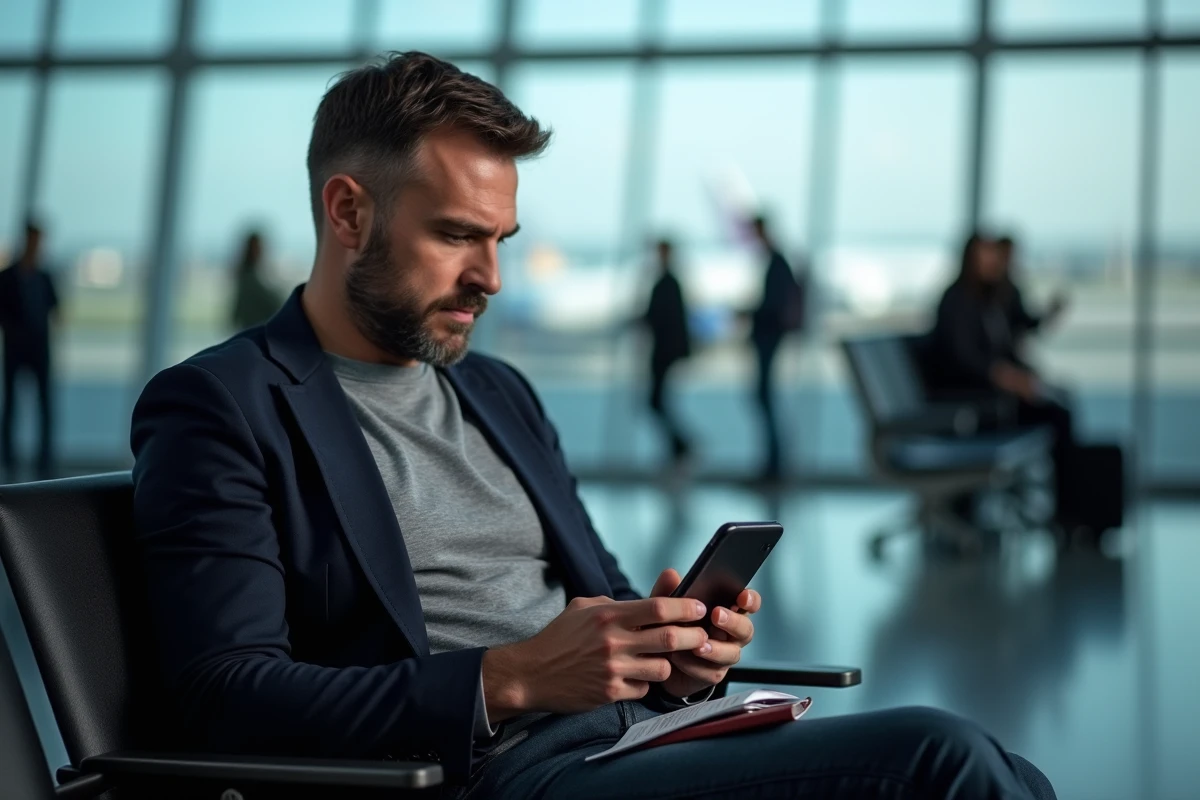 Homme en salle d'attente d'aéroport configurant une eSIM internationale sur son téléphone avant un départ pour le Maroc