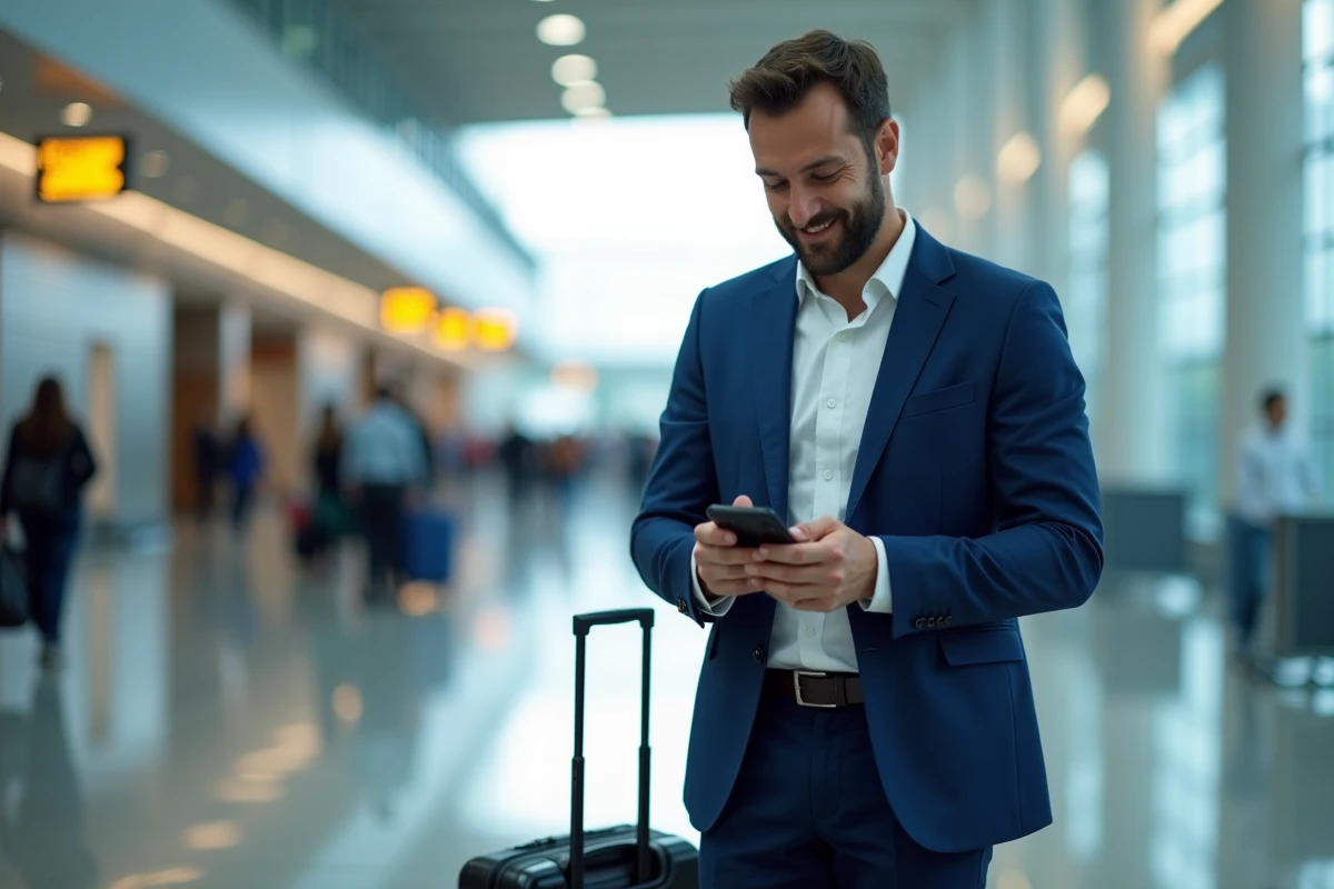 Homme en costume v&eacute;rifiant son smartphone &agrave; la porte d