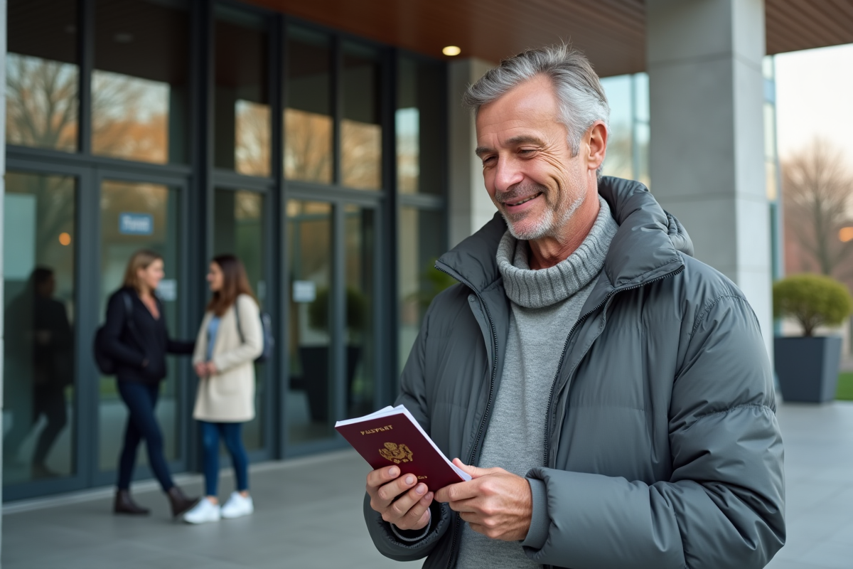 Homme souriant tenant son passeport devant un bâtiment officiel
