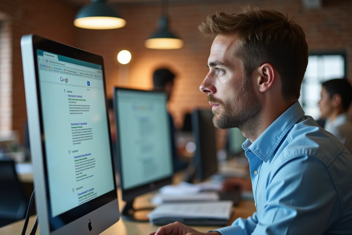 Homme au bureau fixant un résultat Google affichant un faux site ressemblant à ViaMichelin