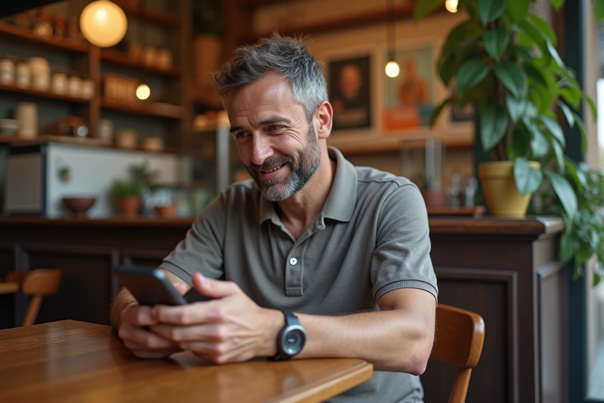 Homme au caf&eacute; italien tapant un code sur son t&eacute;l&eacute;phone