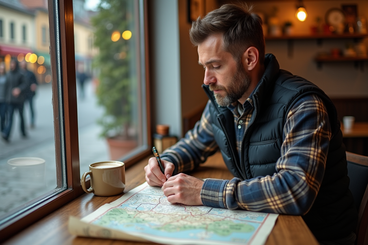 Homme trace un itinéraire dans un café chaleureux