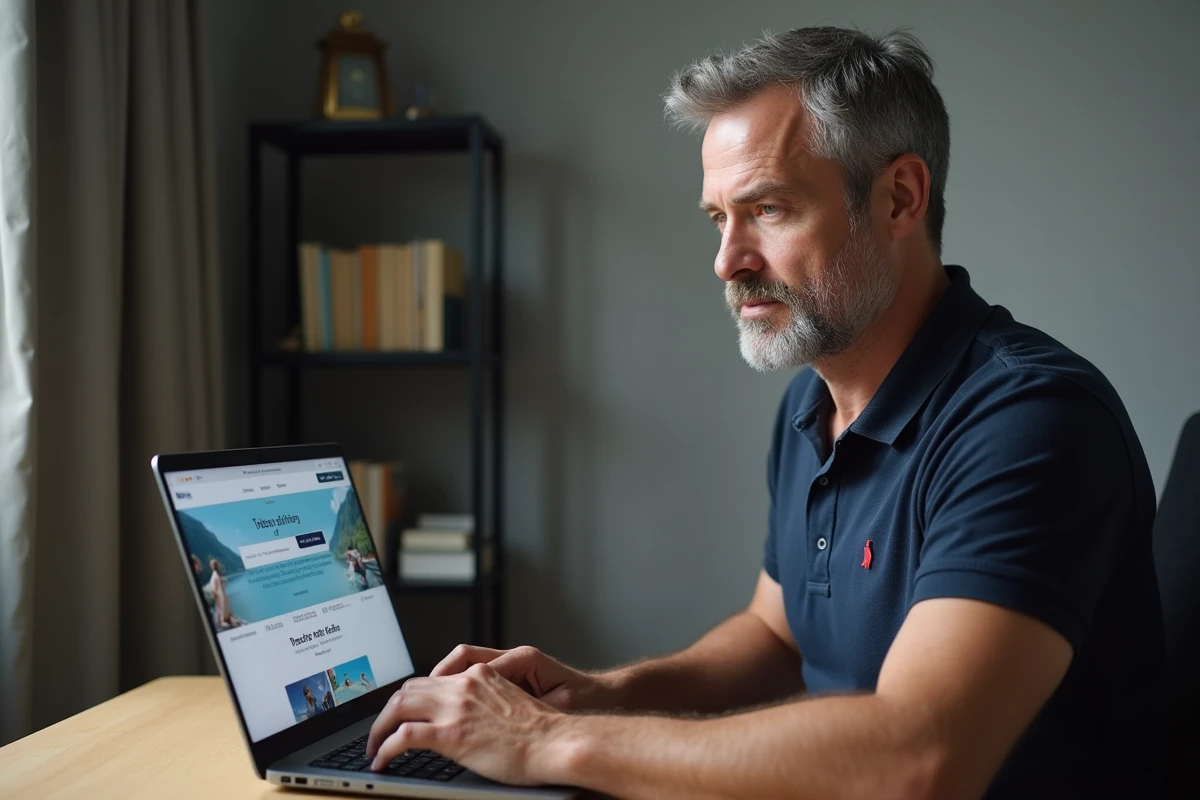 Homme saisissant un code promo sur un site de réservation d'activités touristiques depuis son bureau à domicile