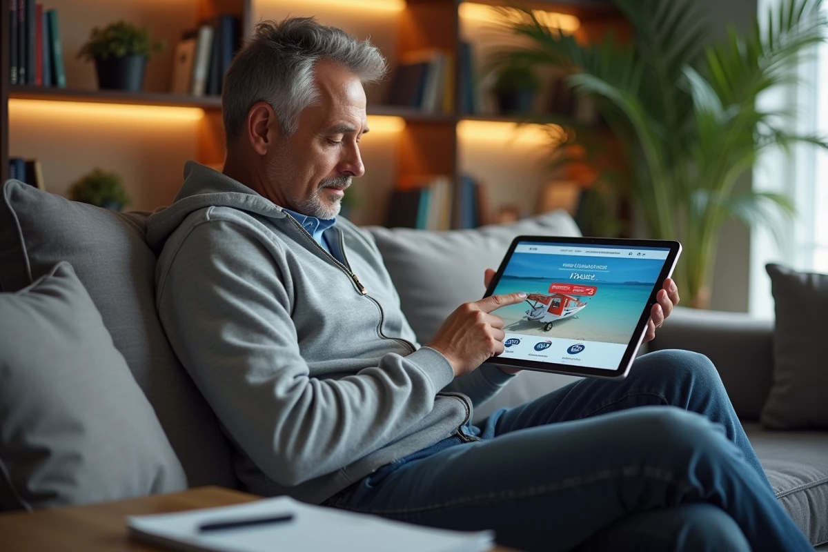 Homme consultant les promotions voyage Leclerc du mardi sur une tablette depuis son salon