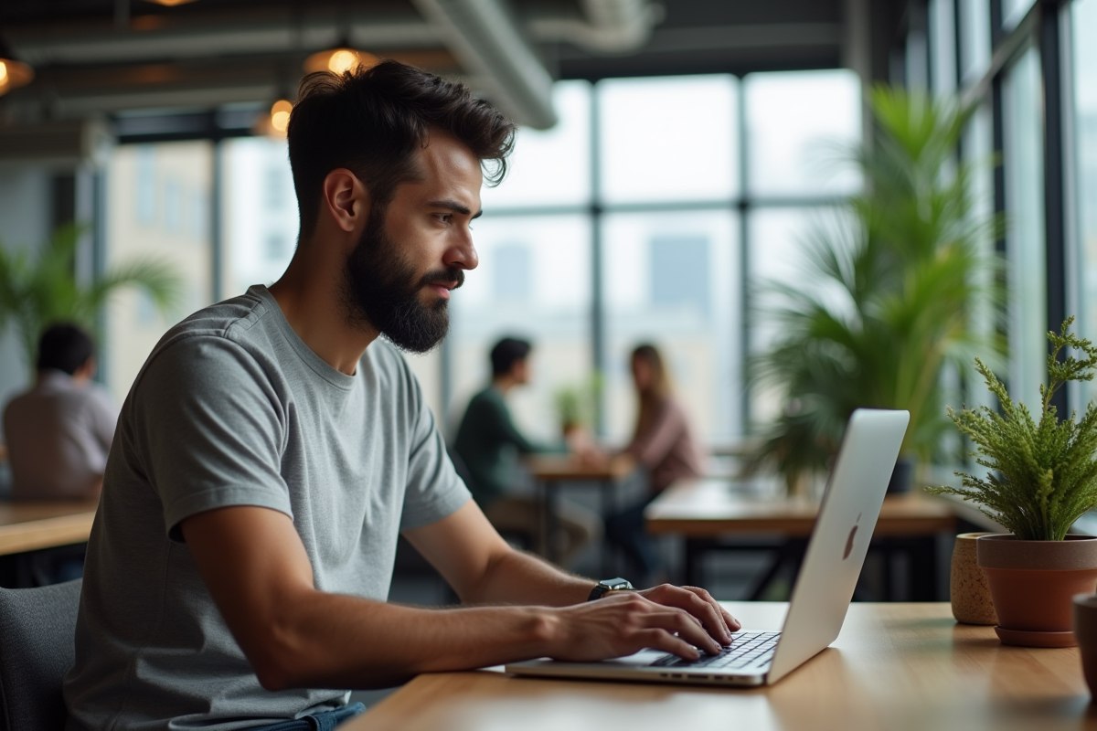 Homme au coworking avec collègues et vue urbaine