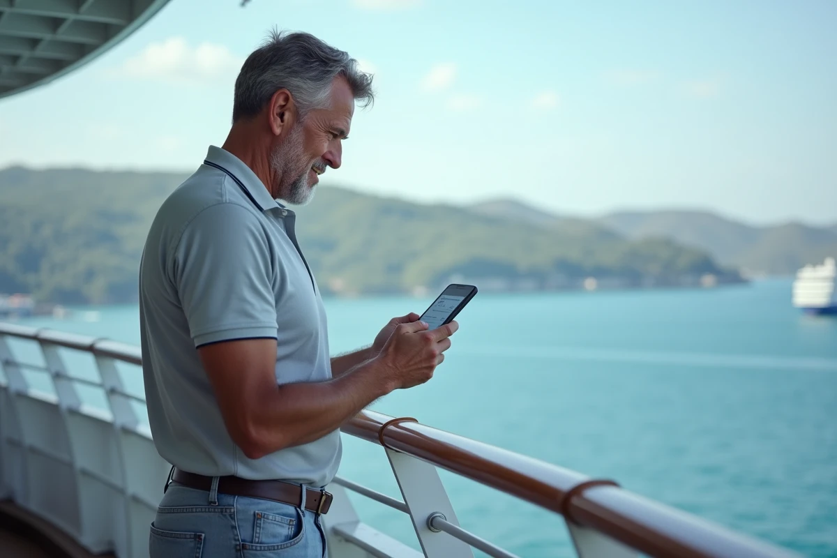 Homme regardant la mer avec son smartphone en voyage