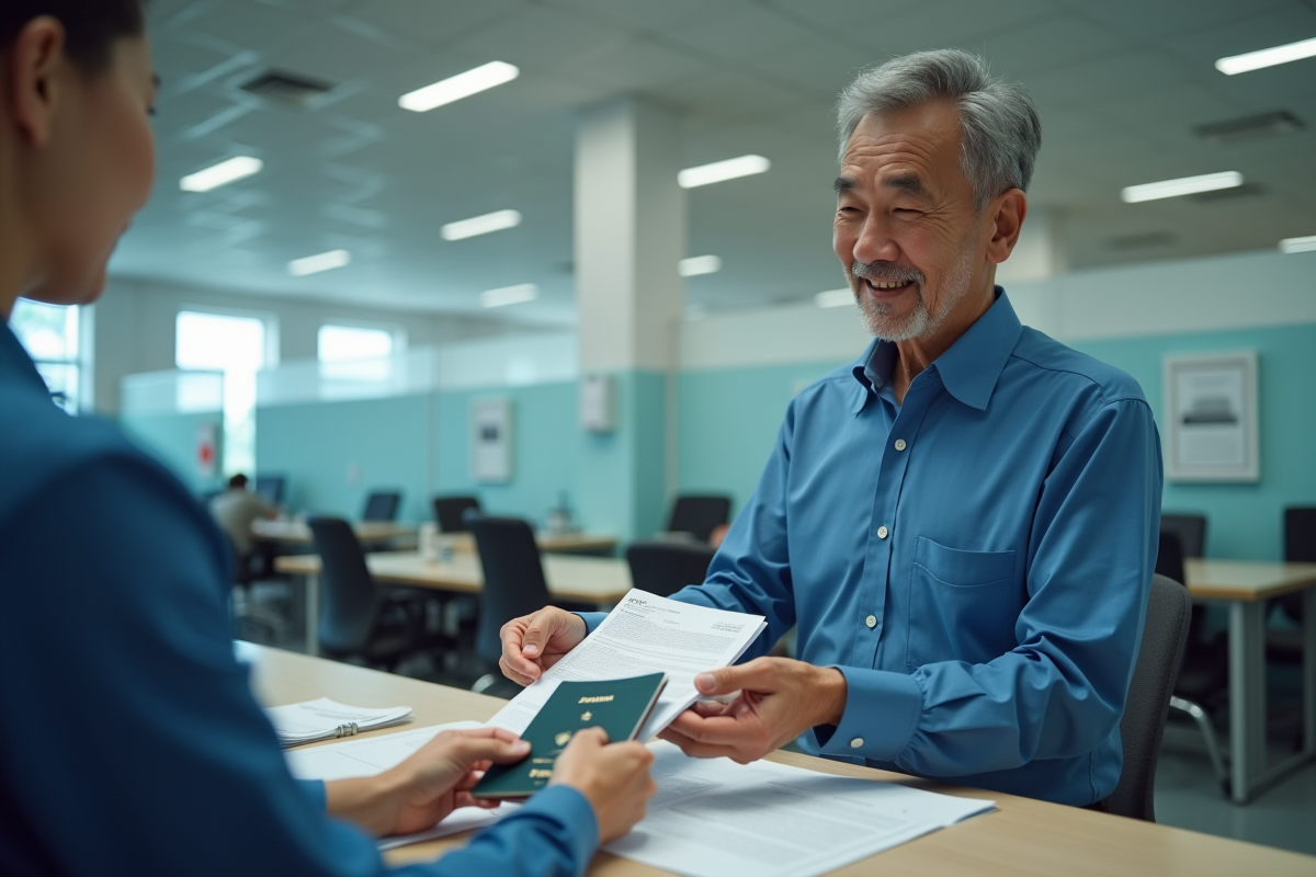 Homme remettant ses documents à un agent dans un bureau d