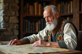 Homme âgé slovène examinant une vieille carte dans un musée