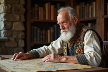 Homme âgé slovène examinant une vieille carte dans un musée