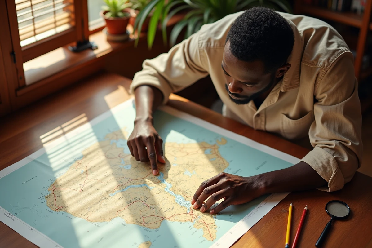 Homme étudiant une carte topographique du Sénégal dépliée sur une table en bois, traçant le fleuve Sénégal du doigt dans une pièce lumineuse