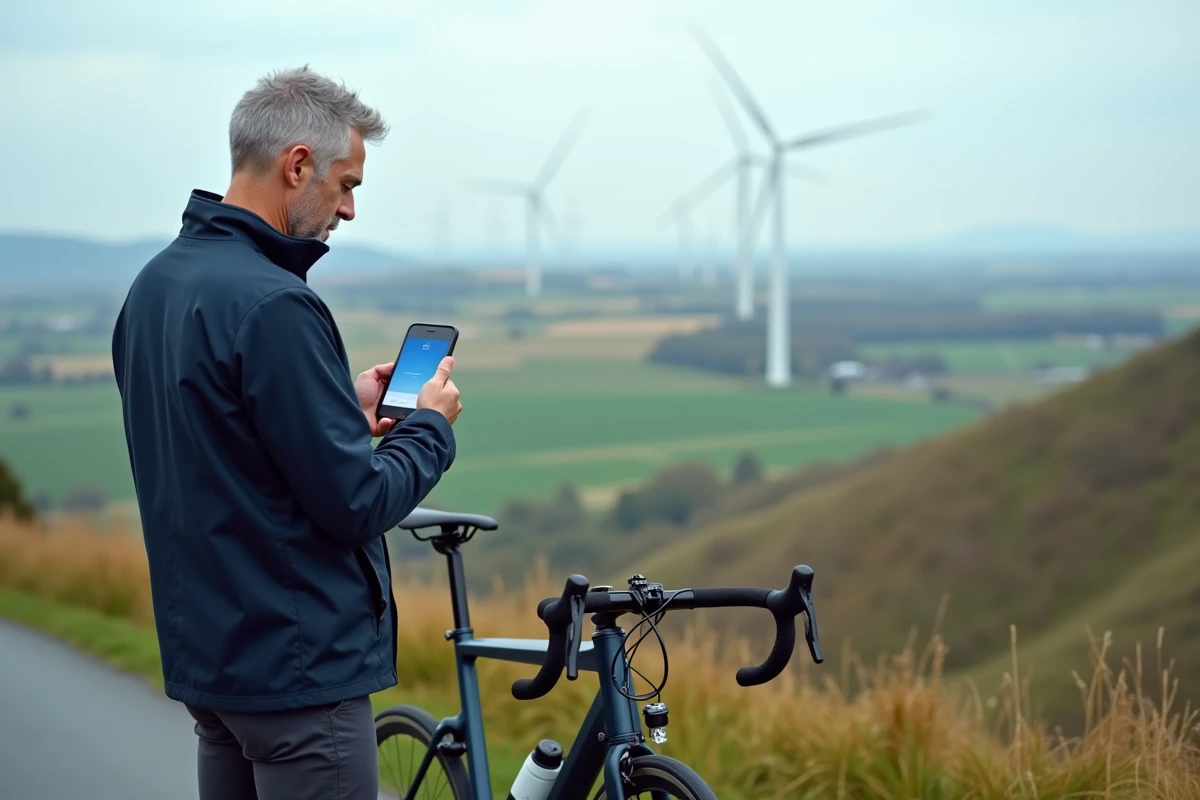 Homme avec smartphone et vélo dans un paysage rural
