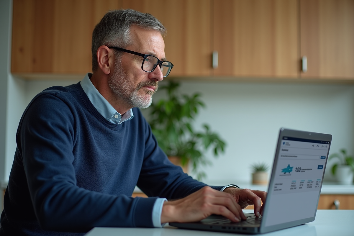 Homme au domicile consulte sa réservation de vol sur ordinateur