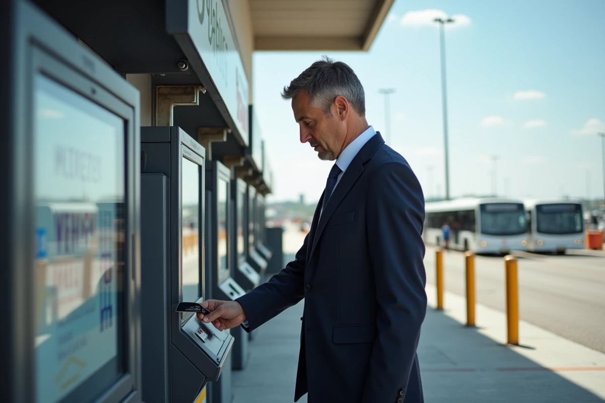 Homme payant son stationnement &agrave; Toulouse devant un kiosque