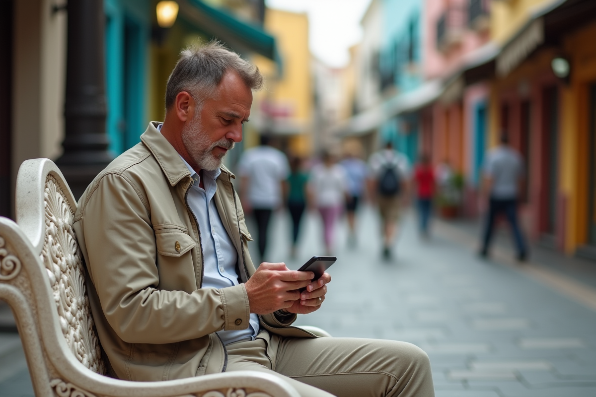 Homme assis dans une place animée de Cancun avec smartphone