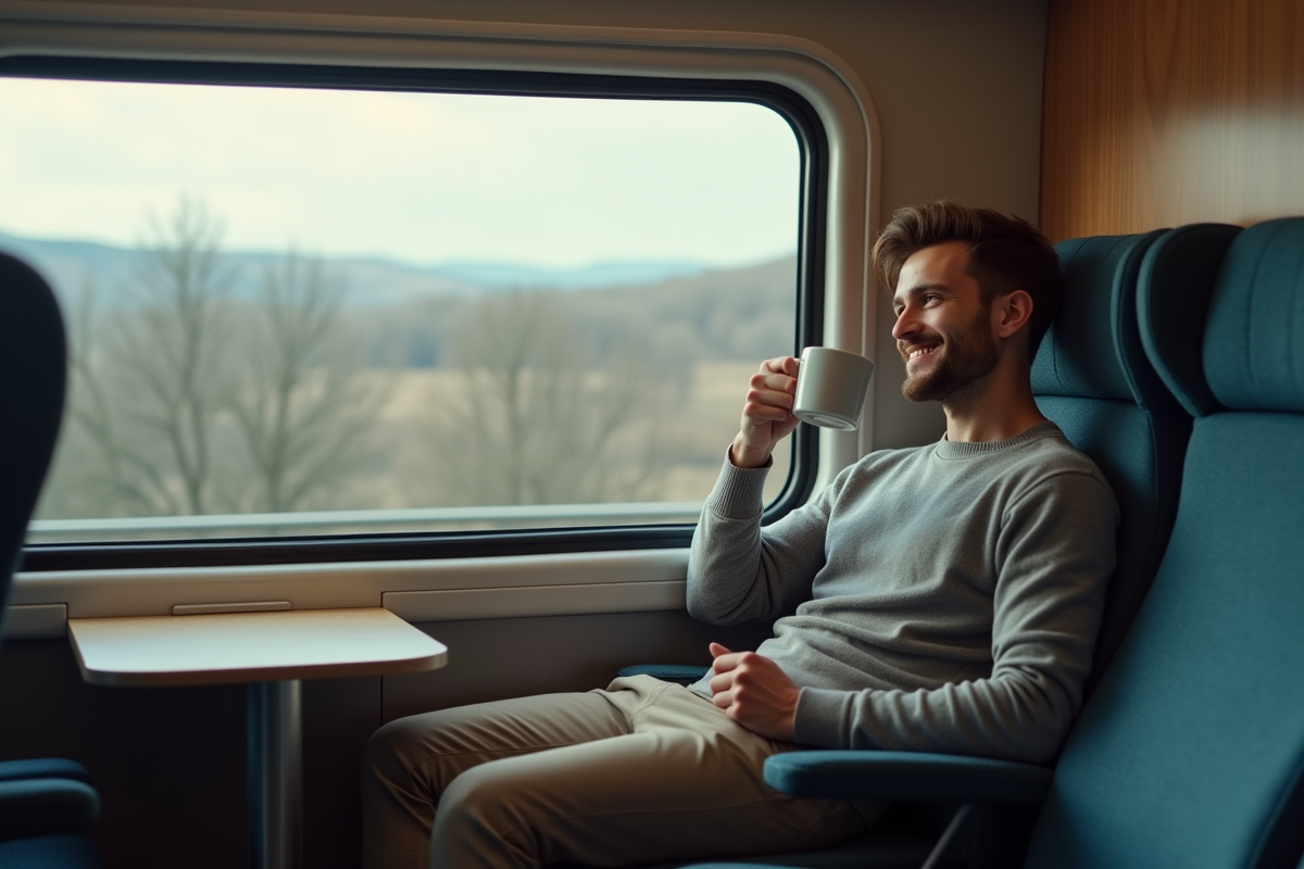 Jeune homme professionnel dans train moderne et confortable