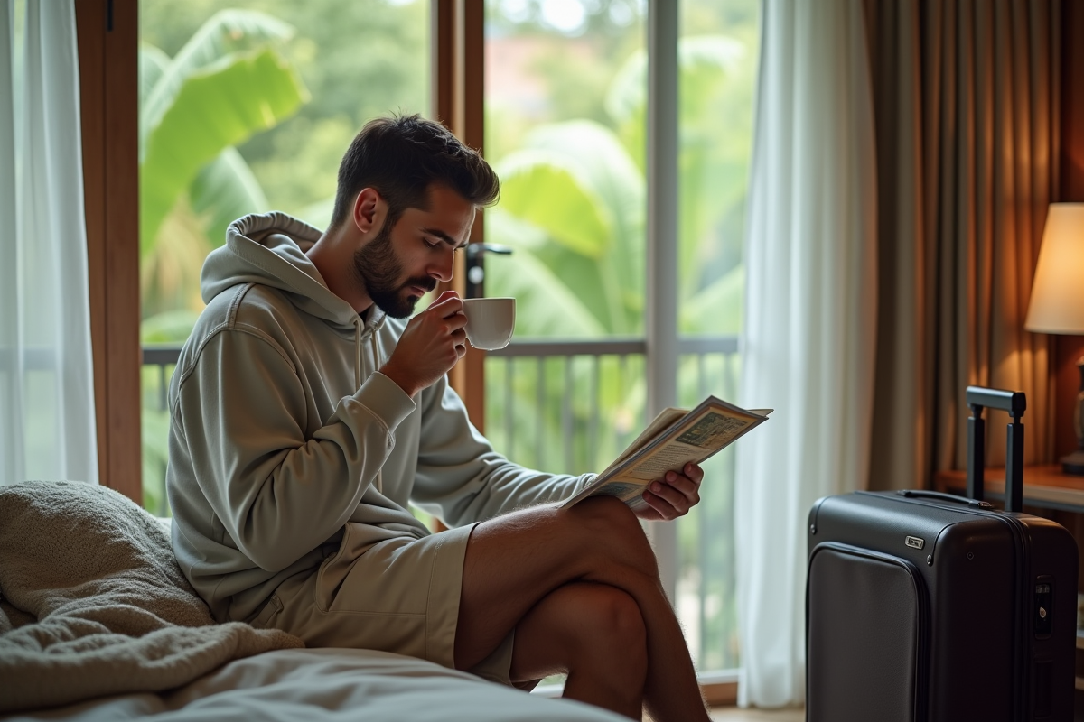 Homme d’âge moyen buvant une tisane dans une chambre d’hôtel tropicale