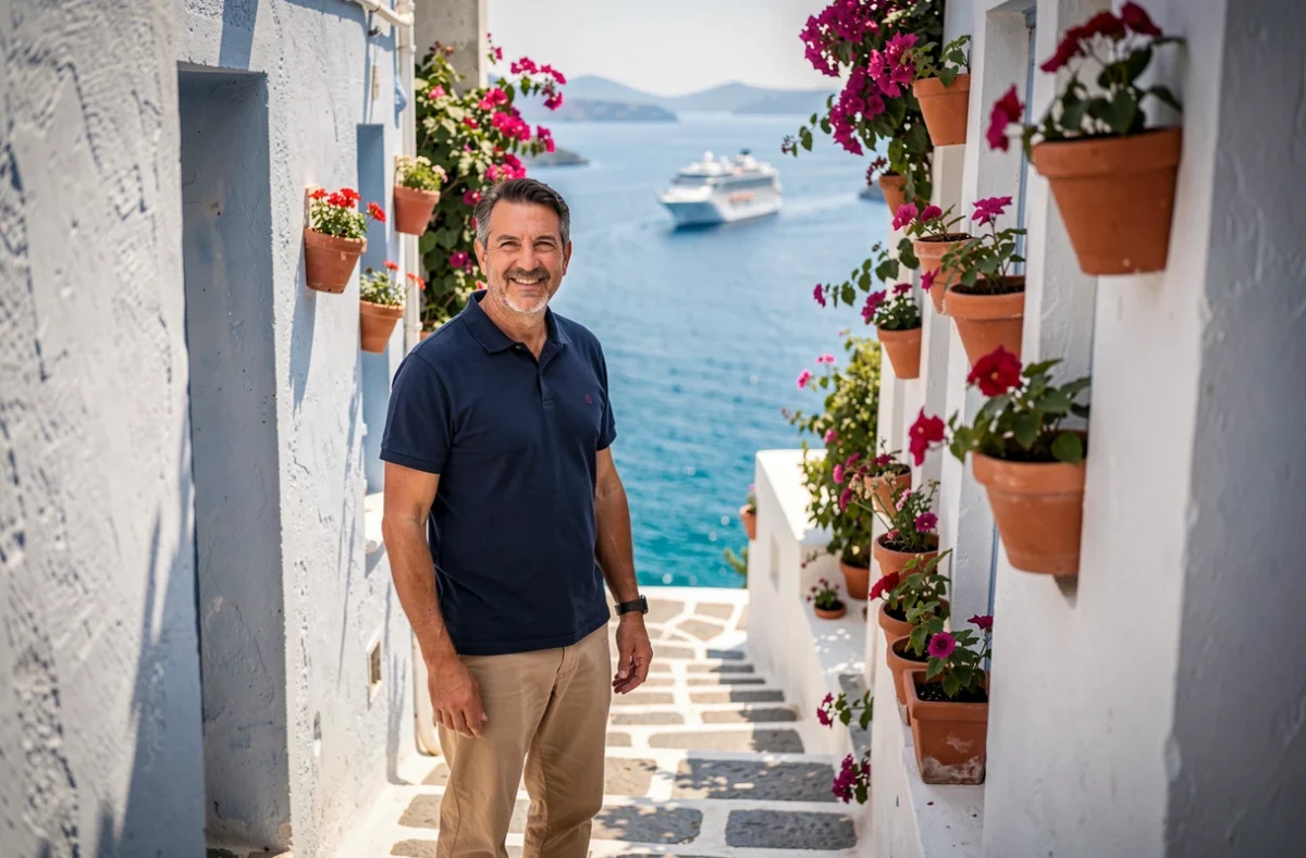 Homme explorant une ruelle blanchie à la chaux d'une île grecque avec vue sur un bateau de croisière en mer Égée
