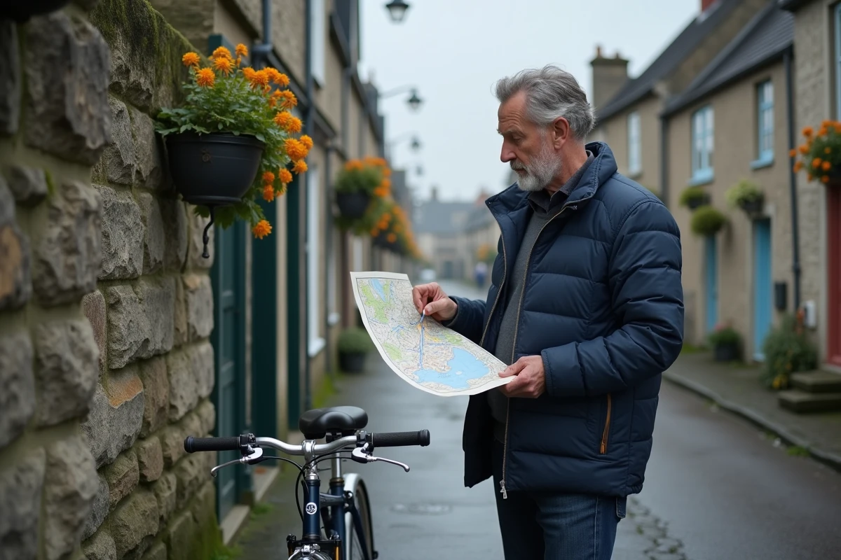 Homme avec une carte de Normandie à vélo dans un village côtier aux maisons à colombages