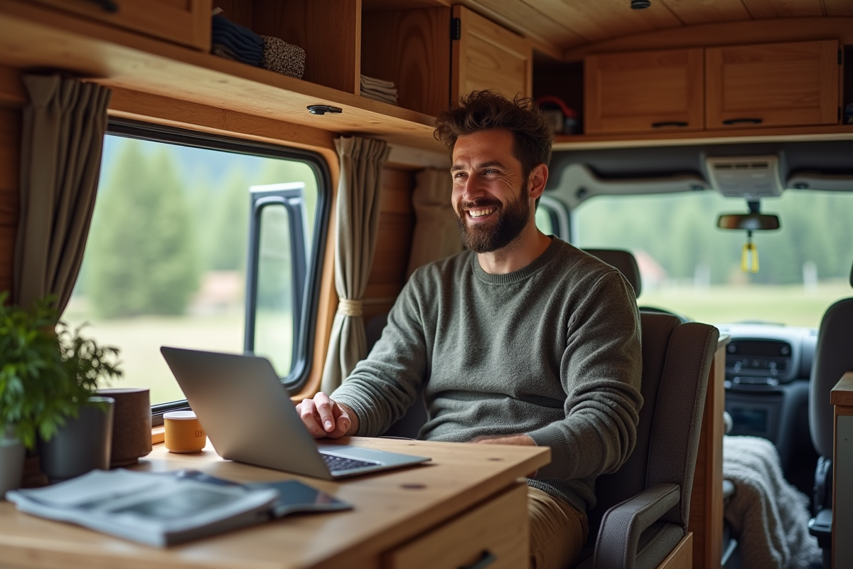 Homme en vidéo appel dans un van en pleine nature
