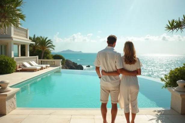 Couple en tenue de lin sur la terrasse privée d'un hôtel 5 étoiles en Guadeloupe avec vue sur la mer des Caraïbes