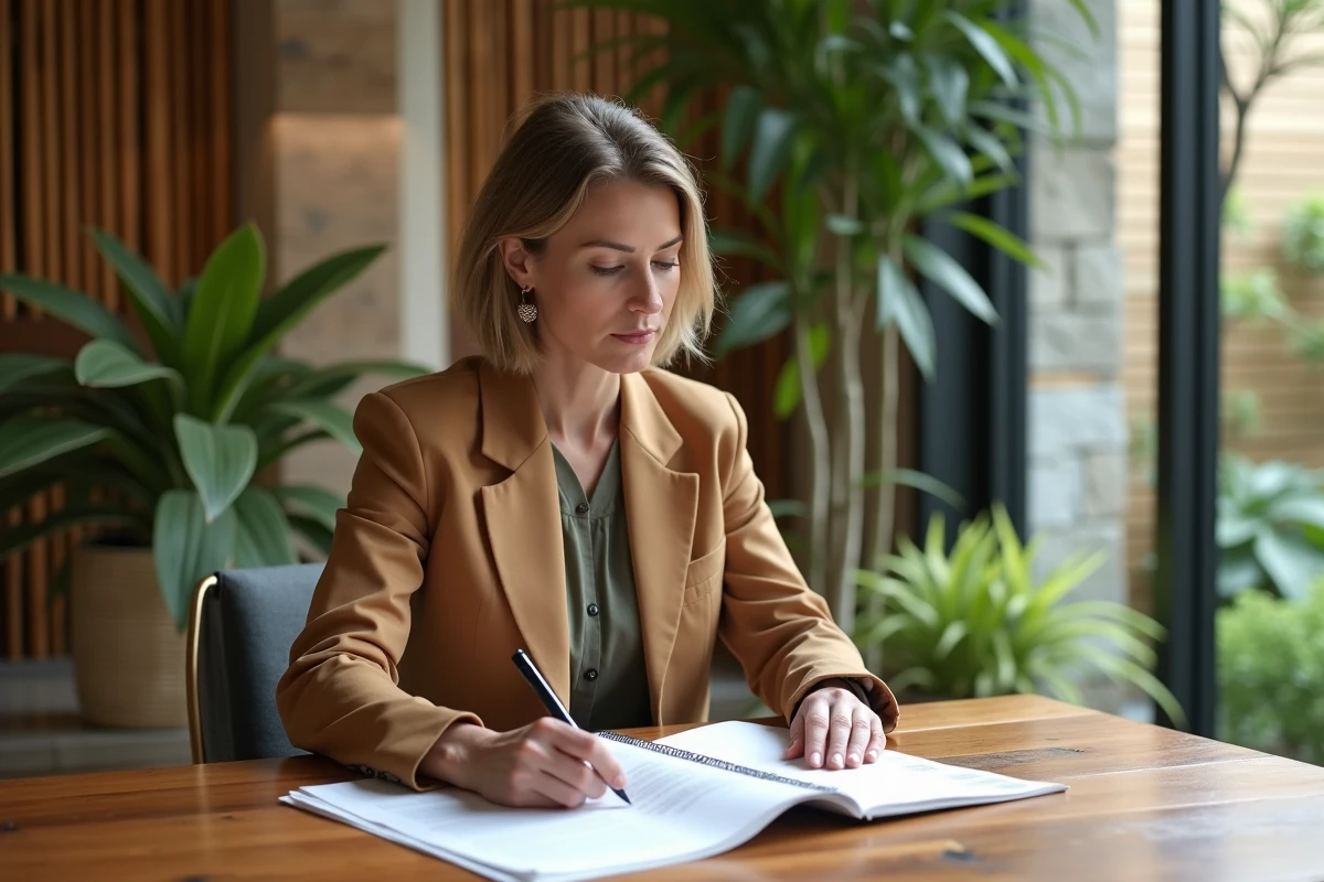 Femme d affaires vérifiant des documents durabilité