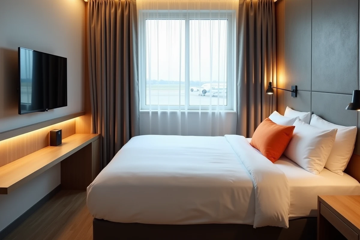 Chambre fonctionnelle et propre de l'hôtel Ibis Budget Anglet avec vue sur l'aéroport