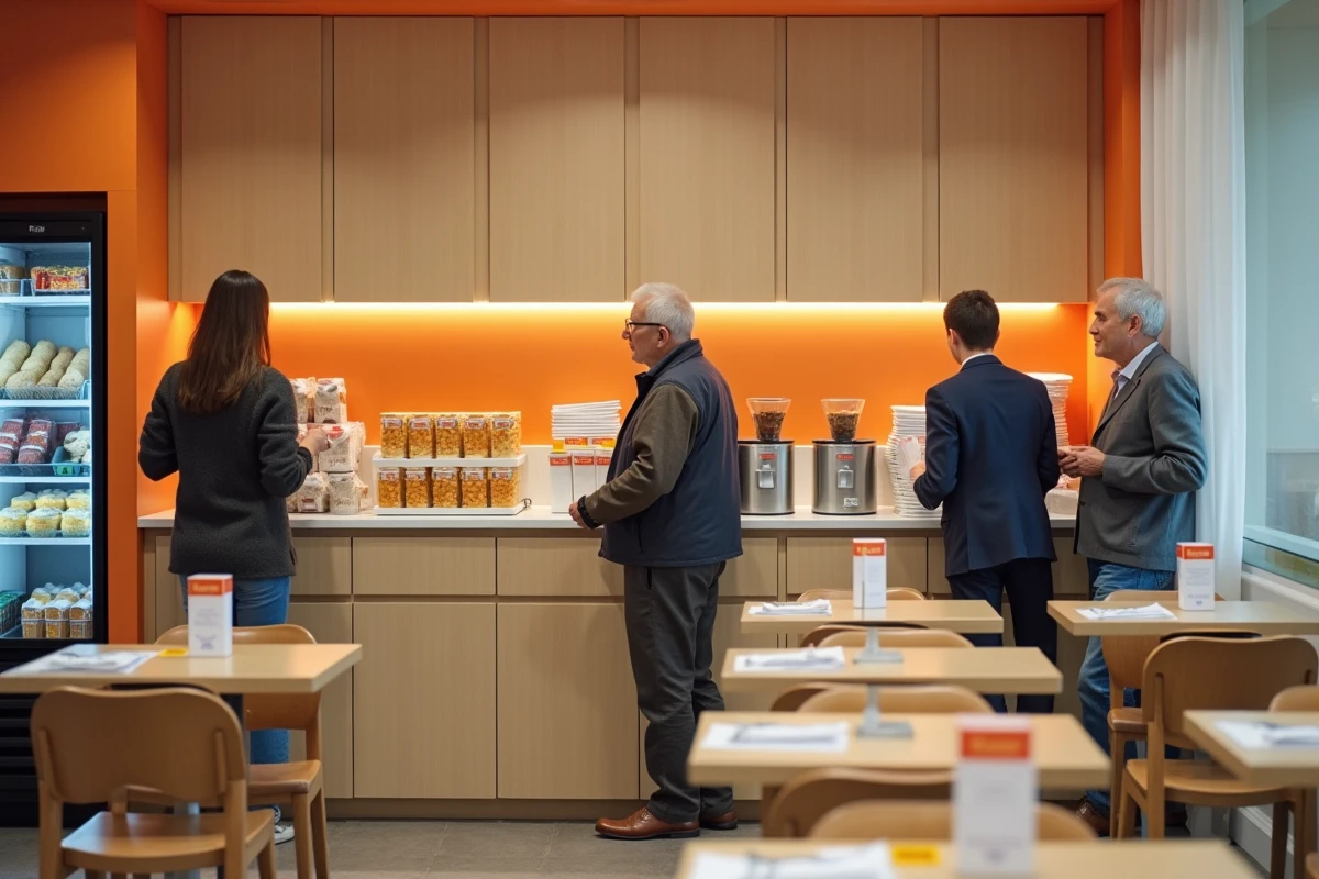Espace petit-déjeuner en libre-service de l'hôtel Ibis Budget Biarritz Anglet avec viennoiseries et café