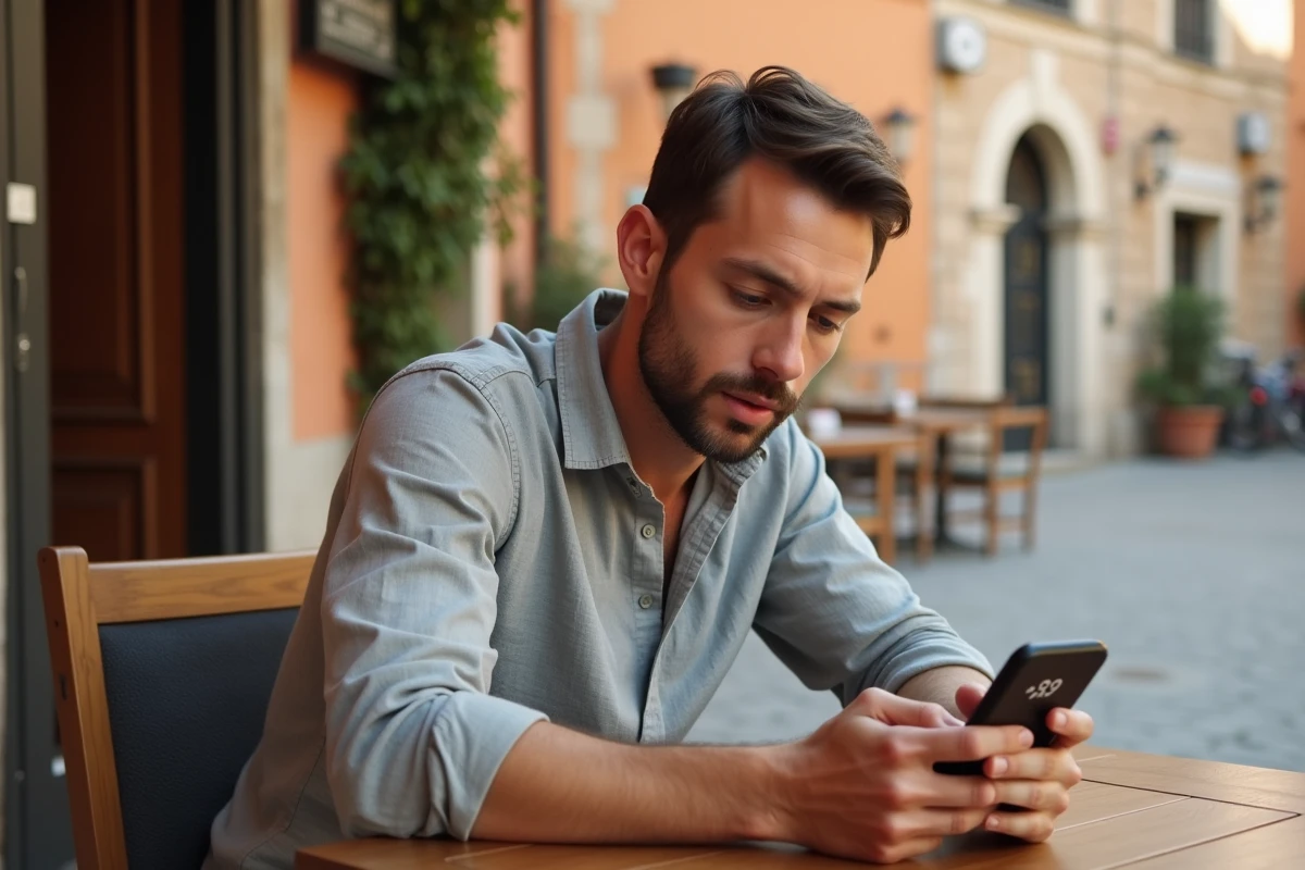 Homme consultant un numéro de téléphone avec l'indicatif pays +39 Italie sur son smartphone dans un café méditerranéen