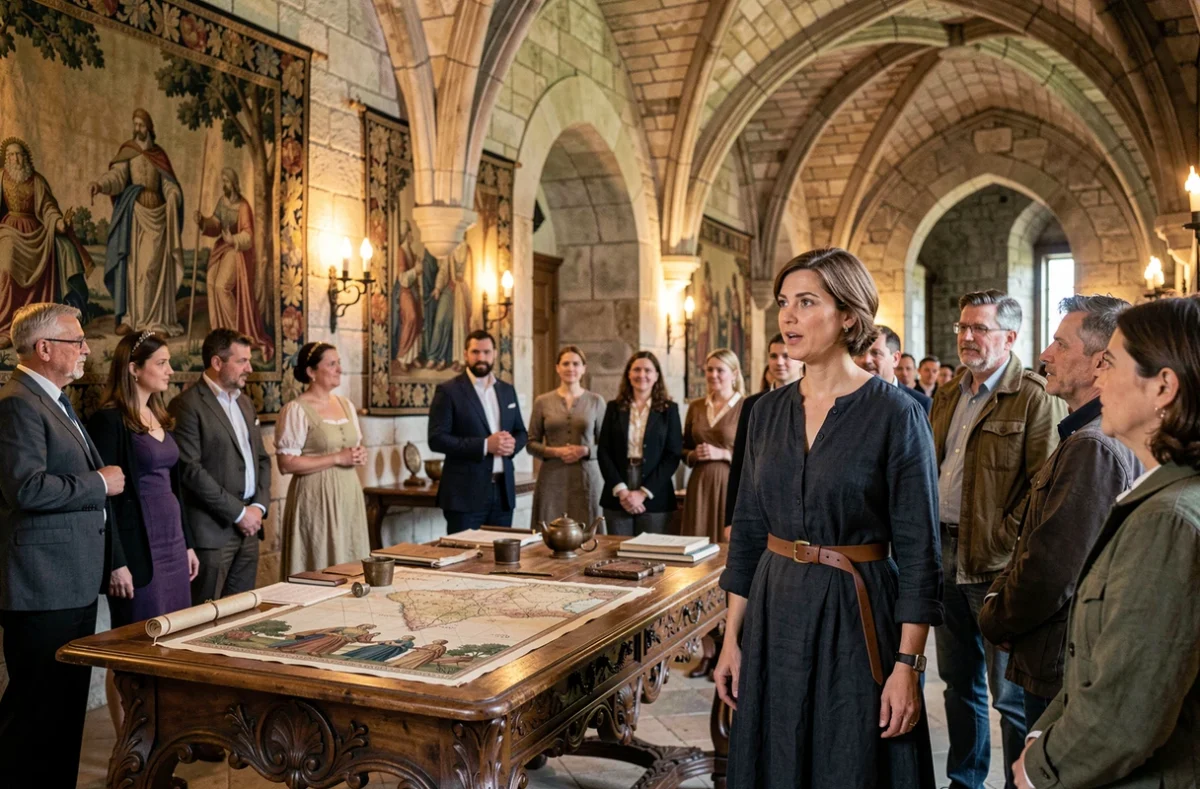 Guide touristique présentant des artefacts médiévaux dans la grande salle voûtée d'un château fort français lors d'un événement historique majeur en 2026