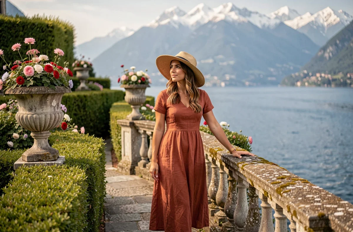 Voyageuse dans les jardins en terrasses de la Villa del Balbianello, lieu de tournage du mariage secret de Star Wars