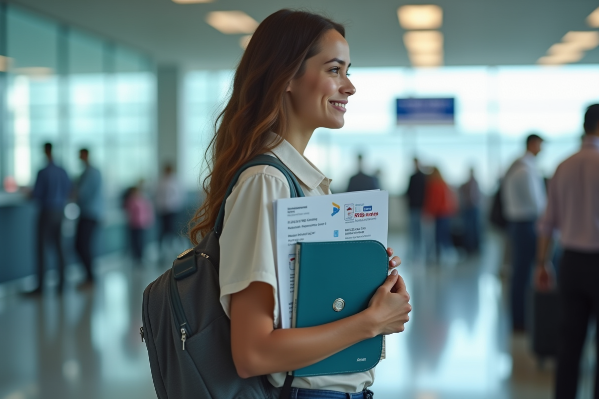 Jeune adulte tenant un dossier de voyage avec passeport et carte d'assurance