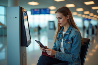 Jeune femme à l'aéroport changeant son vol avec son passeport